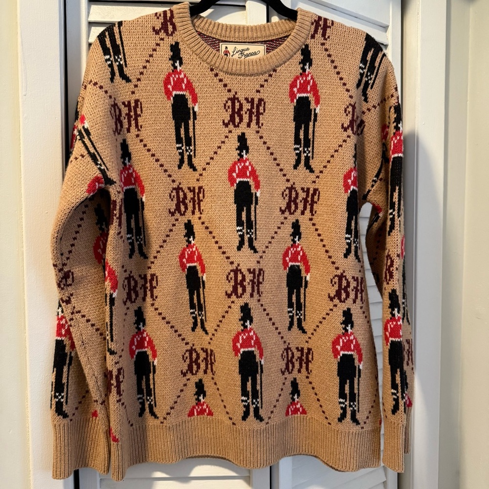 Lingua Franca Bowery hotel Beige Patterned Crewneck Sweater with Red Accents
